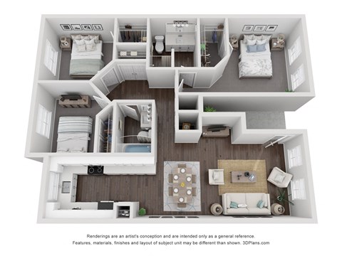 Floor plan for 3 beds, 2.5 baths, 1329 sqft